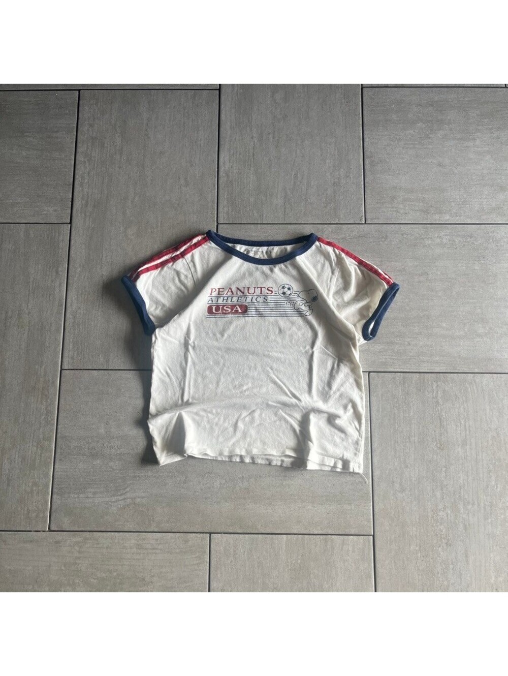 Peanuts Athletics USA Kids White Graphic Ringer T-Shirt Size Large